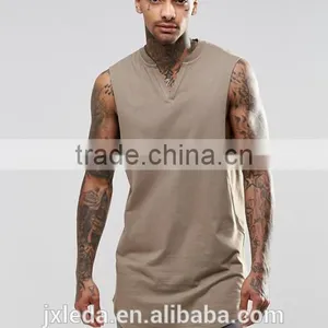 Men 100% Cotton Blank Super Long Line Notch Neck Sleeveless Tee Shirt Factory Suppliers in China thumbnail-1
