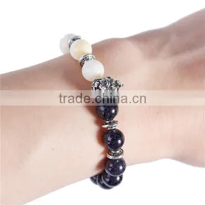 New Fashion Black & White Antique Silver Monkey Head Elastic Stone Lava Blue Sand Beaded Healing Bracelet thumbnail-3