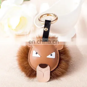 Creative Lion Head Fox Hair Ball Key Buckle Cartoon Animal Head Female Bag Pendant thumbnail-3