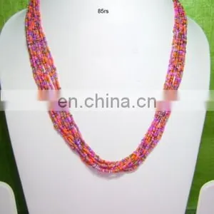Seed Bead Multi Layer Long Pink Necklace Earring Set thumbnail-1