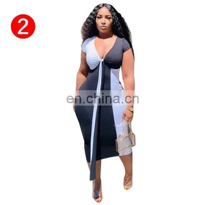 Summer Women Elegant Two Color Patchwork Tie Up V-neck Bodycon Midi Pencil Dress Night Club Sexy Party Dresses Vestidos 3 Colors thumbnail-4