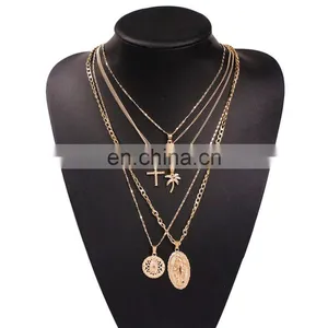 Fashion Metal Chain Pendant Necklace for Women Vintage Heart Cross Coin Lock Collar Multilayer Gold Necklace Choker Jewelry/ thumbnail-1