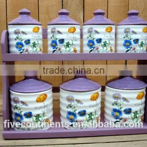 New Ceramic 7pcs Canisters Set With Purple Lid and Wood thumbnail-1