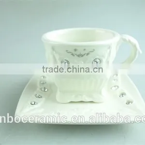 2015 Latest Design Square Shape Porcelain Cup and Saucer With Crystal,white Porcelain Cup and Saucer Set With Gold Decal thumbnail-2