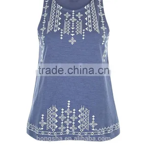 2016 Fashion Summer Blue Embroidered Trim Sleeveless Top HST8042 thumbnail-1
