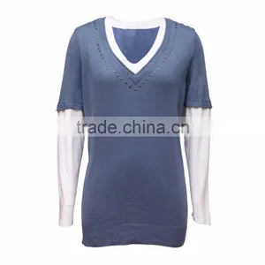 Sporty Women Jumper Combining 3/4 Jersey Sleeves and Beaded V Neckline thumbnail-1