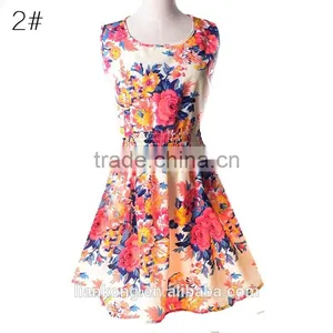 2015 Spring Summer New Korean Style Women Clothing Casual Bohemian Floral Leopard Sleeveless Vest Printed Beach Chiffon Dress thumbnail-3