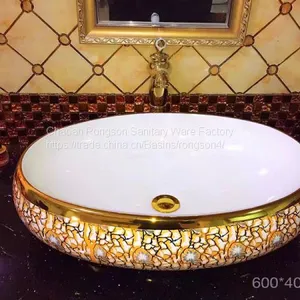 Chinese Bathroom Wash Oval Gold Plated Art Basin Ceramic High Quality Modern Countertop Art Wash Basin Sink in Hotel thumbnail-1