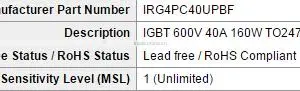 Electronics IRG4PC40UPBF IGBT Transistors 600V UltraFast 8-60kHz 40A 160W TO247AC thumbnail-2