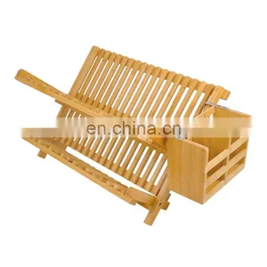 2-Tier Collapsible Bamboo Drainer Dish Drying Rack Multipurpose Roll-Up Dish Drying Rack With Utensil Holder thumbnail-1