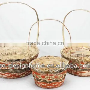 S/3 ORANGE WASH ROUND BAMBOO CHIP/SEAGRASS BASKET W/HANDLE thumbnail-1