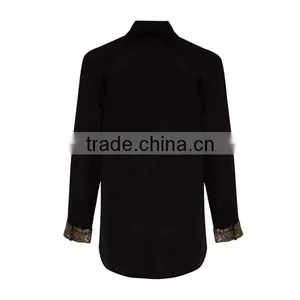 Tops Ladies Rayon Long Sleeve Black Sequin Cuff Shirt Blouse thumbnail-3