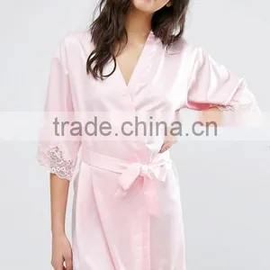 Customize Ladies Luxury Silk Satin Knee Length Robe, Bridesmaid Lace Trim Kimono Robe thumbnail-1