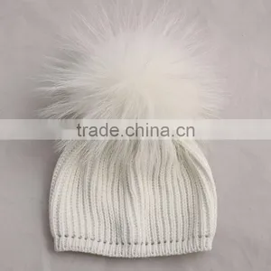Myfur Kids Hat Pure White Genuine Fur Pom Pom Crochet Winter Knitting Hat thumbnail-1