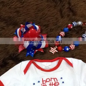 2015 Hot Sell Baby Girl July 4th Bowknot Romper With Matching Bow and Necklace thumbnail-3