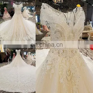 LS00303 Kleinfeld Appliqued Long Dresses Long Train See Through Beaded Bridal Dress for Wedding thumbnail-1