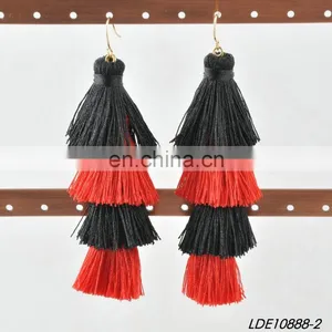 Black & Red Tassel Stack Earrings Layered Silk Tassel Earrings Boho Jewelry thumbnail-1