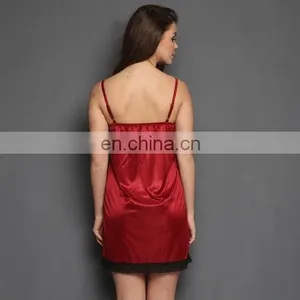 2 Pcs Satin Nightwear Set in Maroon & Black - Short Robe & Nightie thumbnail-3