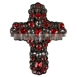 Custom Beading Rhinestones Red Gold Cross Design Sew On Patches thumbnail-1