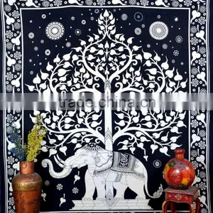 Indian Tapestry Cotton Tree Elephant Print Black Vintage Wall Hanging Tapestries Throw Bedsheet thumbnail-1