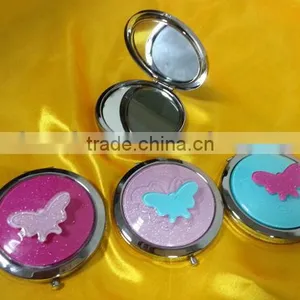 Double Sided Round Shape Butterfly Design Metal Pocket Cosmetic Mirror thumbnail-1