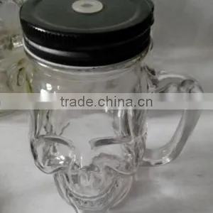 Cheap Stylish Skull Head Glass Mason Mug With Handle and Black Lid thumbnail-1