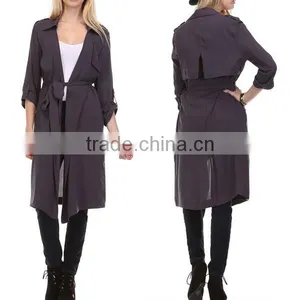 Fashion Modern Apparel Women Trendy Turkey 3/4 Sleeve Plain Spring Winter Coat Charcoal Sheer Trench Long Coat thumbnail-1