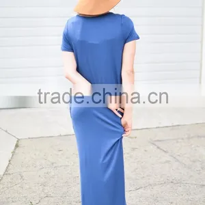 Floor Length Dress Pattern Short Sleeve Crisscross Neck Slit Design Maxi Dress One Piece Long Dress thumbnail-6