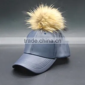 PU Leather Baseball Cap With Fake Foxfeather Pom Pom thumbnail-5