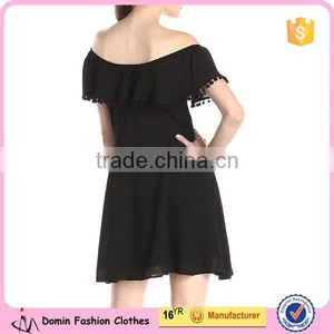Frill Layer Neckline With Pom Trim Women's Off Shoulder Dress thumbnail-2