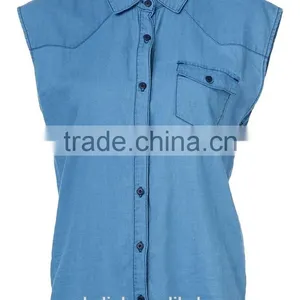 New Arrival 100%cotton Women Sleeveless Denim Shirts Customized thumbnail-4