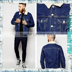 Collar Lapel Light Wash Blue Denim Men's Fleece Lining Jackets thumbnail-1