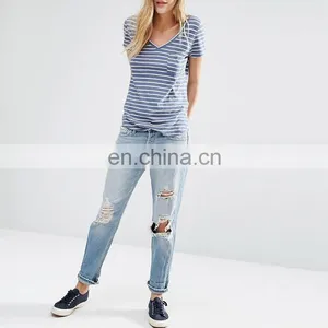Bulk Wholesale Clothing Custom Women Elongated Extended Wholesale Striped T-shirt thumbnail-4