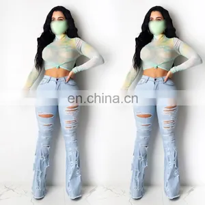 LAITE TR2012 Wholesales Custom New Fashion Broken Hole Straight Edge Women Casual Flare Jeans thumbnail-1