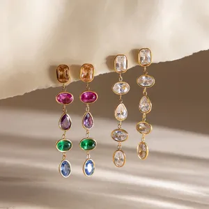Luxury Long Drop Earrings Gold Plated Stainless Steel Cubic Zirconia Dangle Earrings Elegant Women Jewelry thumbnail-5