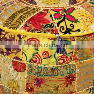 Indian Ethnic Vintage Footstool Furniture Patchwork Bohemian Round Cotton Chair Pouffe Pouf Ottoman thumbnail-4