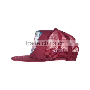 Wholesale Plain Burgundy Printing Floral Pattern Flat Bill Mesh Hat Custom Snapback Trucker Cap thumbnail-2