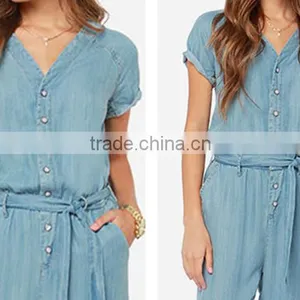 Women Sky Blue Belted Short Sleeve Slim Fit Jumpsuit Romper thumbnail-6