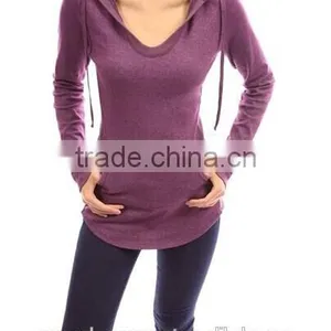 Cotton Hoodie Ribbed Sides Pocket Curve Hem Tunic Casual Top Adult Age Plain Crop Tops,long Sleeve Top,online Clothing Store thumbnail-6