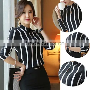 Fashion Korea Womens Stripe Blouse Long Sleeve Shirt Chiffon Slim Fit Tops thumbnail-1
