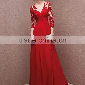 Sexy Deep v Neck Hollow Lace Evening Red Long Sleeve Prom Dress thumbnail-1
