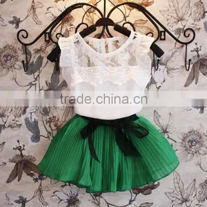 New 2pcs/set Baby Girl Children's Beauty Lace Agaric T-shirt Vest+ Mini Skirt Dress Bow Belt Skirt SV009464# thumbnail-1