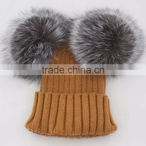 Myfur Classical Beige Color Ribbed Knitting Hat With Luxury Silver Fox Fur Pom Poms thumbnail-4