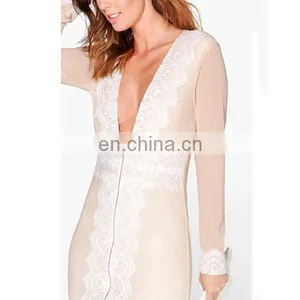 2016 New Fashion Summer Clothes Lace Trim Zip Front Bodycon Dress thumbnail-4