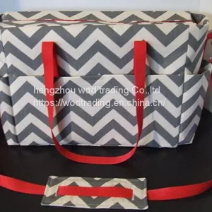 Grey Chevron With Red Trim Diaper Bag With Adjustable Cross Body Strap thumbnail-1