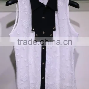 White Lace Flower Rattan Sleeveless Rayon Blouse With Black Shirt Collar and Front Fly thumbnail-1