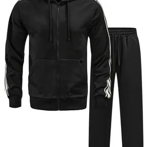 Solid-color Striped Hooded Sweatshirt and Straight-leg Sweatpants Set thumbnail-1