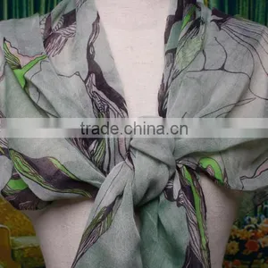 Green Begonia Flower Ink Style Long Cotton Neck Scarf Shawl thumbnail-3