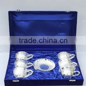 Metal Bowl Six Tea Cups Made in Brass and Silver Plated in a Velvet Box thumbnail-1