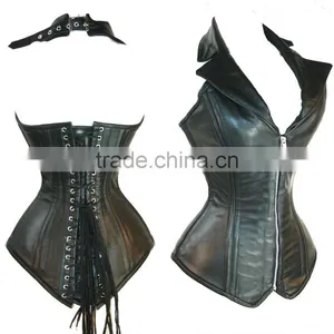 Women 16 Double Steel Bone Leather Fabrics Zippered With Thick Rope Tie Belt Overbust Shaper Corset thumbnail-1